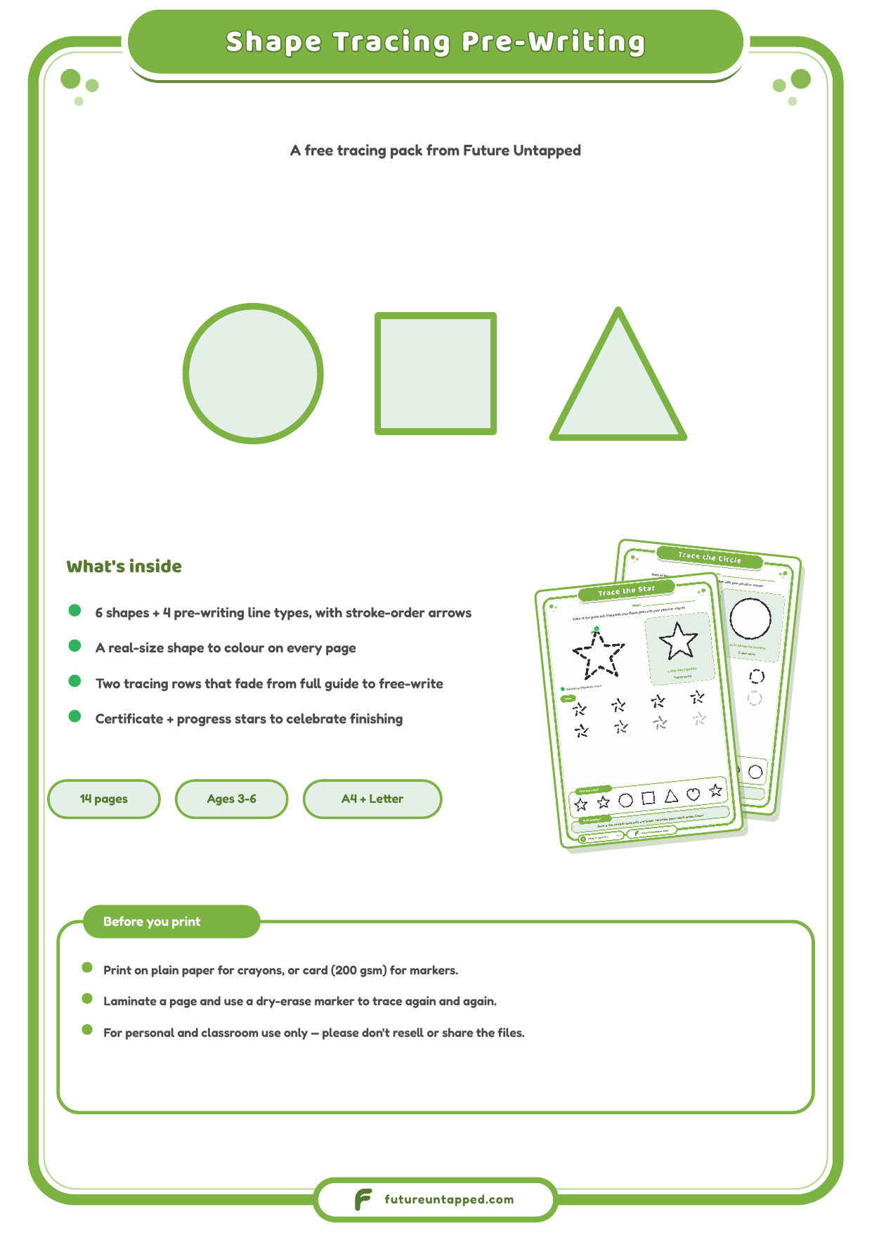 Cover of the Shape Tracing & Pre-Writing Lines practice pack, showing a circle, square and triangle with a summary of what's inside and the page count