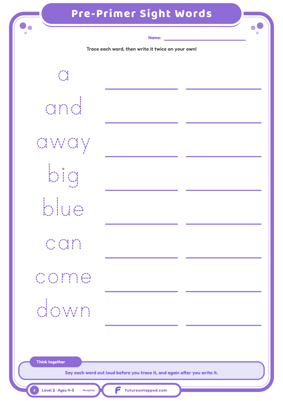 One free page: trace and write 8 Dolch pre-primer sight words.