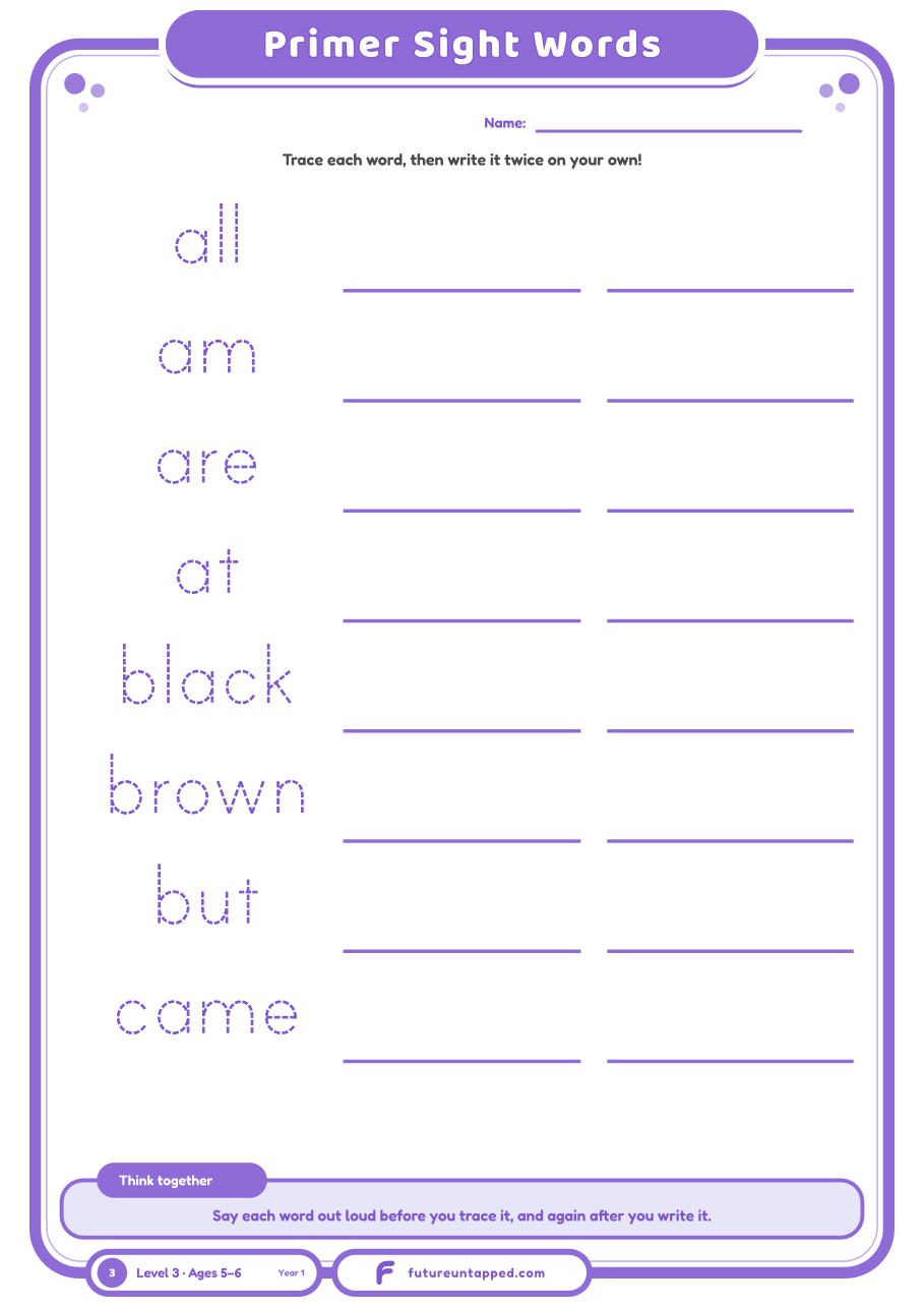 One free page: trace and write 8 Dolch primer sight words.