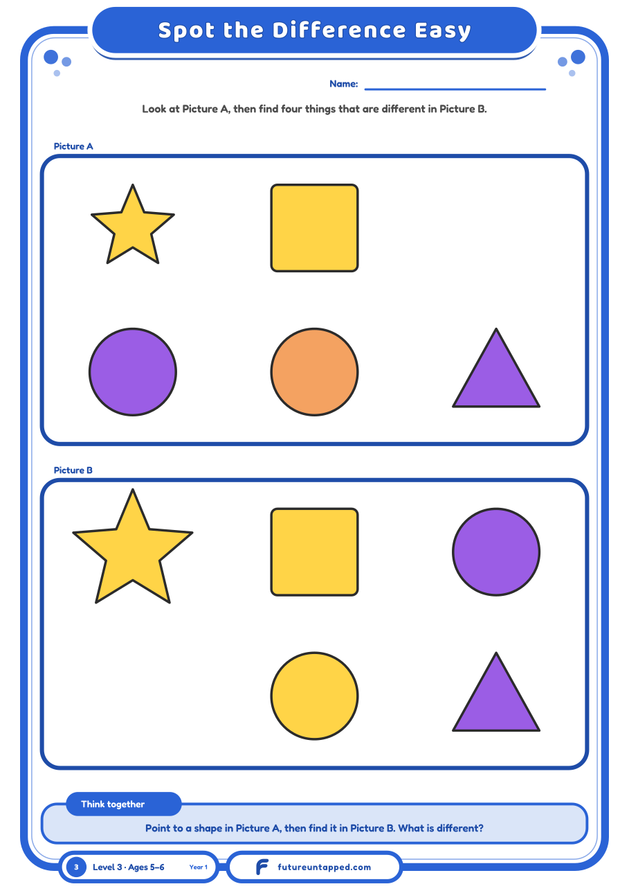 One free page: two pictures of simple shapes with four differences to find.