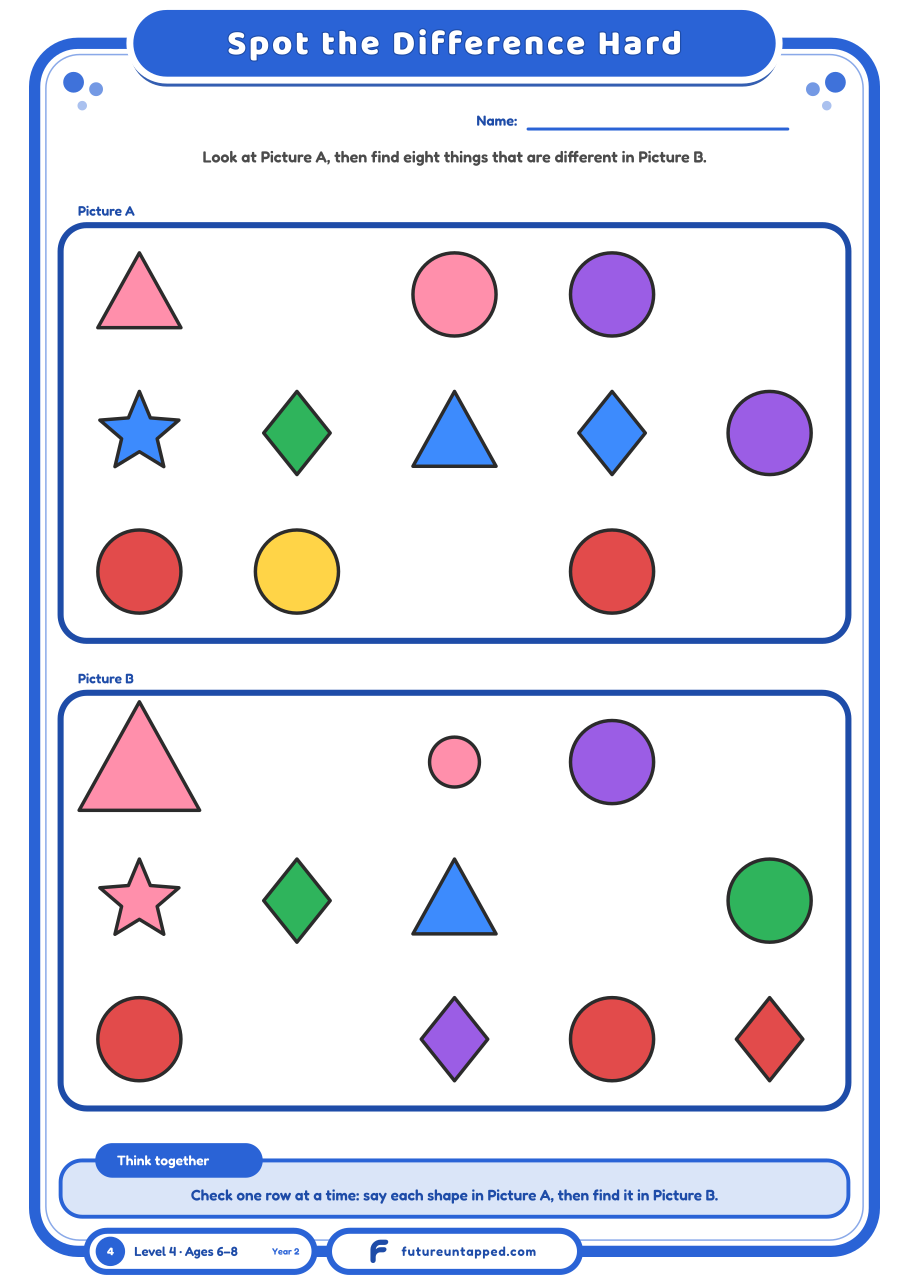 Hard spot the difference pictures printable for 7 and 8 year olds: two pictures of eleven shapes with eight differences to find, including size and colour changes. Free A4 and Letter PDF, no email needed.