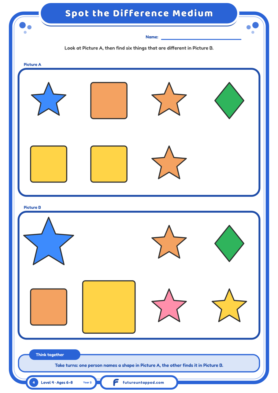 One free page: two pictures of shapes with six differences to find, including size and colour changes.