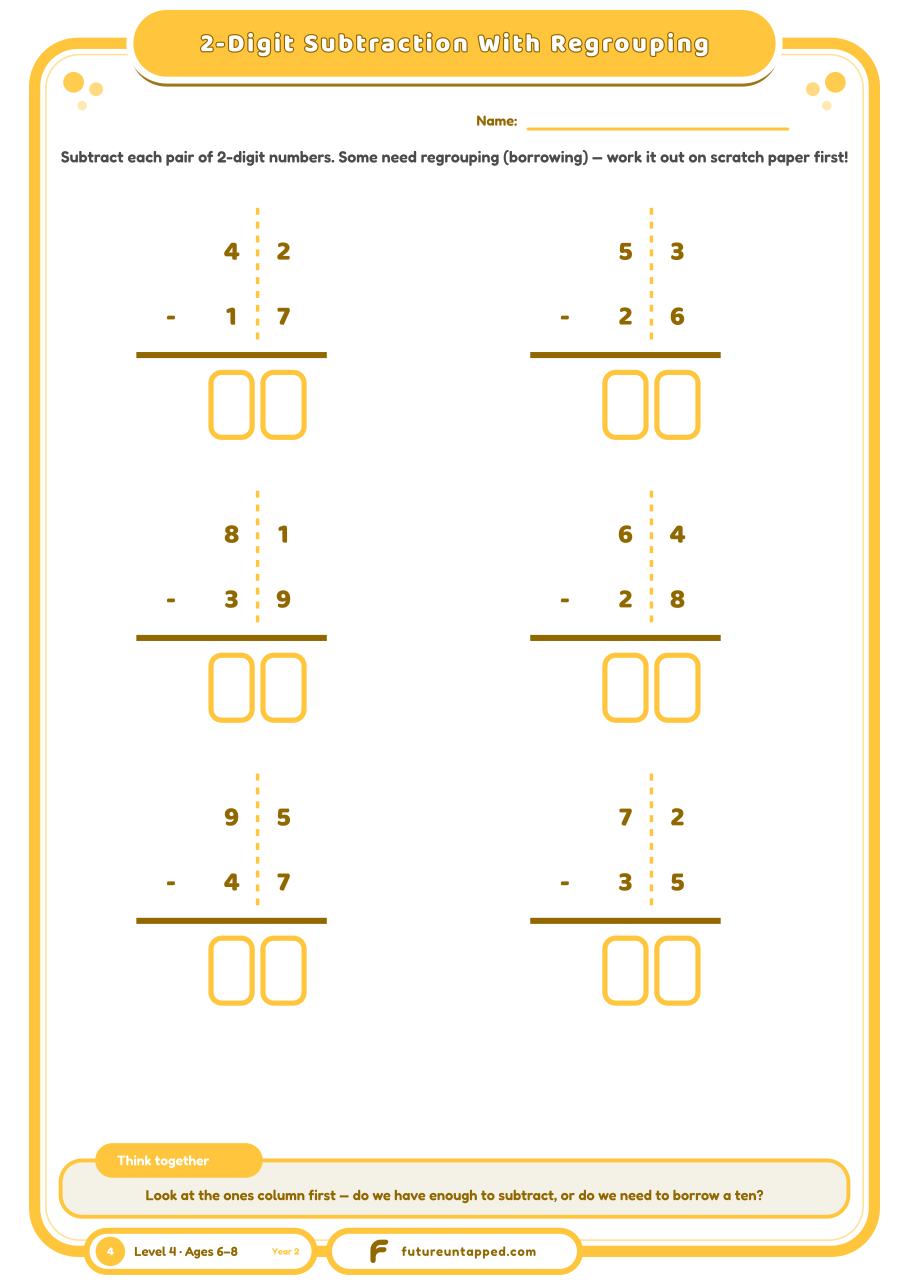 One free page: six 2-digit subtraction problems that need regrouping (borrowing).