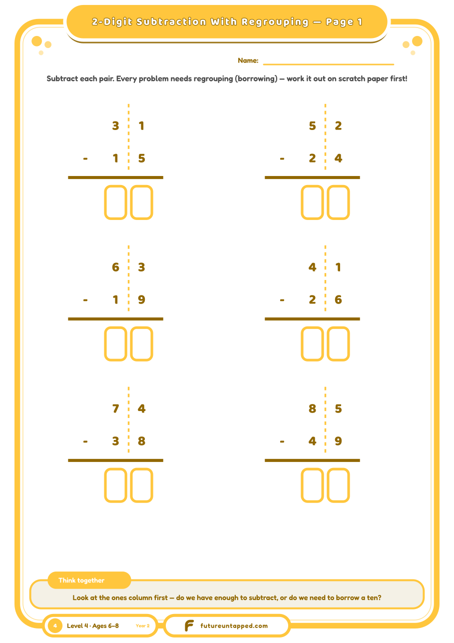 First page of the 2-Digit Subtraction With Regrouping pack, six stacked-column problems with tens/ones dividers and answer boxes