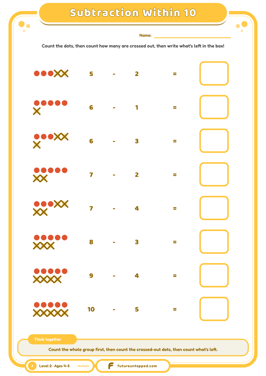 One free page: count the dots, cross some out, write what's left — subtraction within 10.