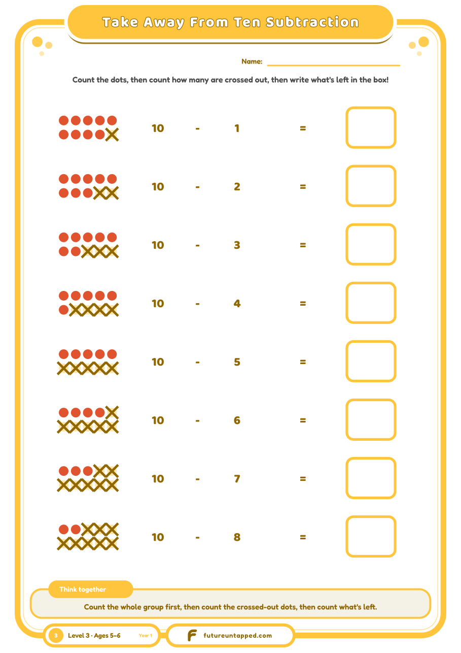 One free page: start from ten every time and see the seesaw pattern as you take more away.