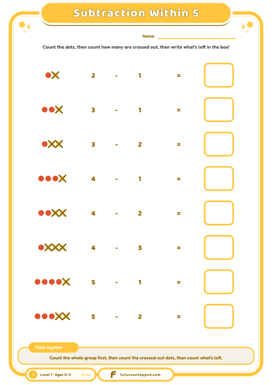 One free page: count the dots, cross some out, write what's left — subtraction within 5.