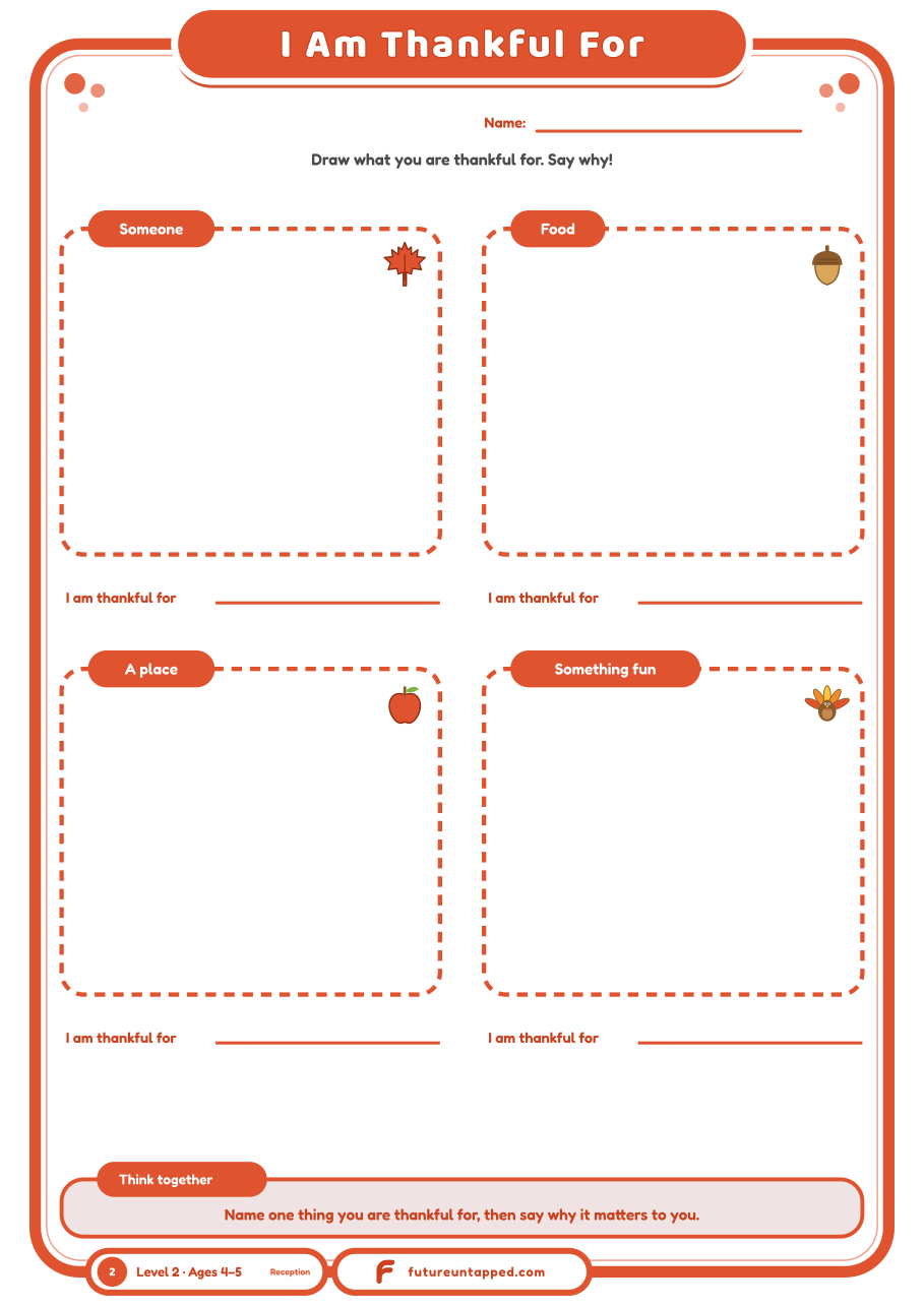Free Thanksgiving gratitude printable for 4 and 5 year olds: draw four things you are thankful for and say why. A4 and Letter PDF, no email needed.