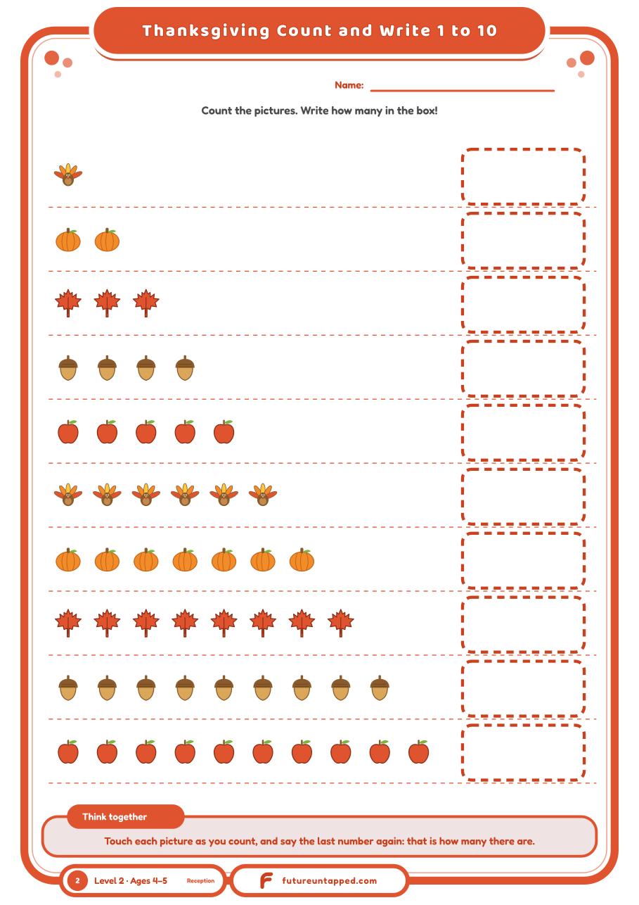 Free Thanksgiving count and write worksheet 1 to 10 for 4 and 5 year olds: count turkeys, pumpkins and leaves and write the number in the box. A4 and Letter PDF, no email needed.
