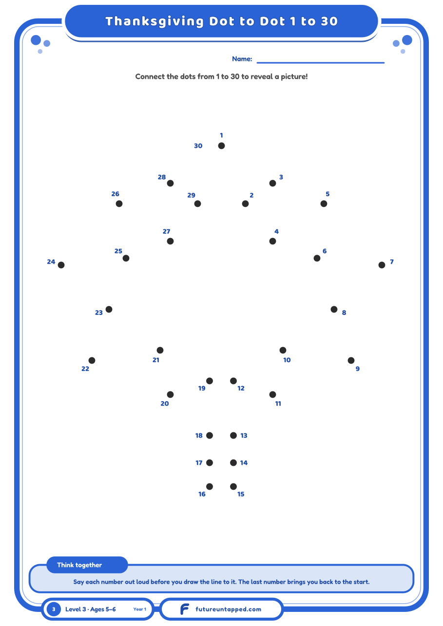 Free Thanksgiving dot to dot 1 to 30 printable for 5 and 6 year olds: connect the dots in order to reveal a maple leaf. A4 and Letter PDF, no email needed.
