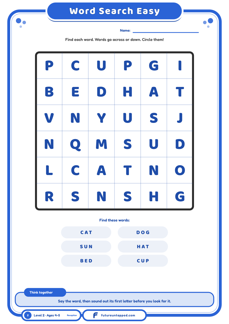 One free page: a 6x6 word search with six short three-letter words to find.