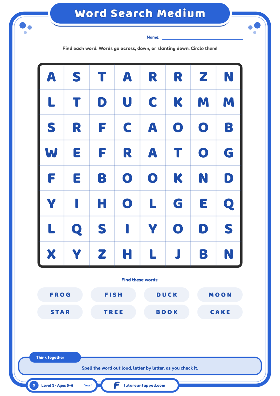 One free page: an 8x8 word search with eight four-letter words, across, down and diagonal.